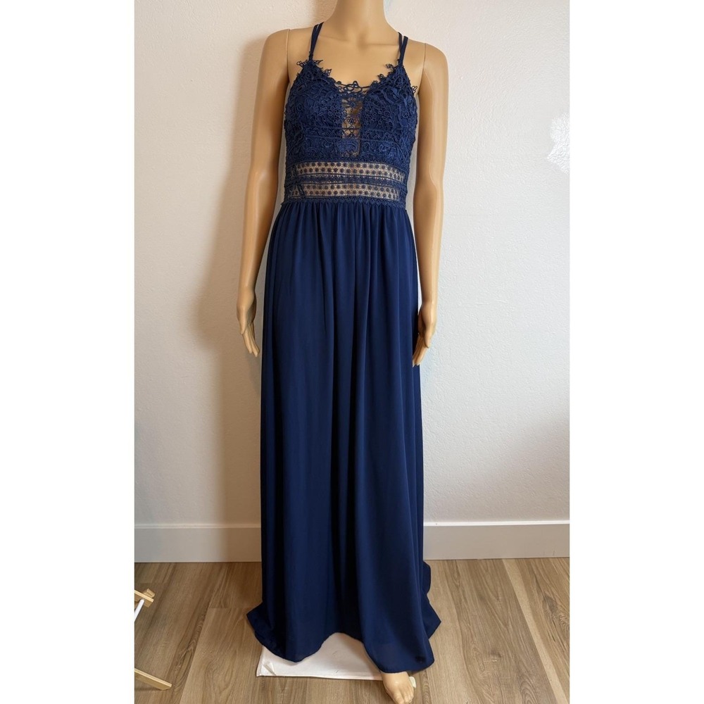 Soieblu Navy Blue Crochet Lace Maxi Dress Womens S Boho Formal Spaghetti Strap - Picture 2 of 9